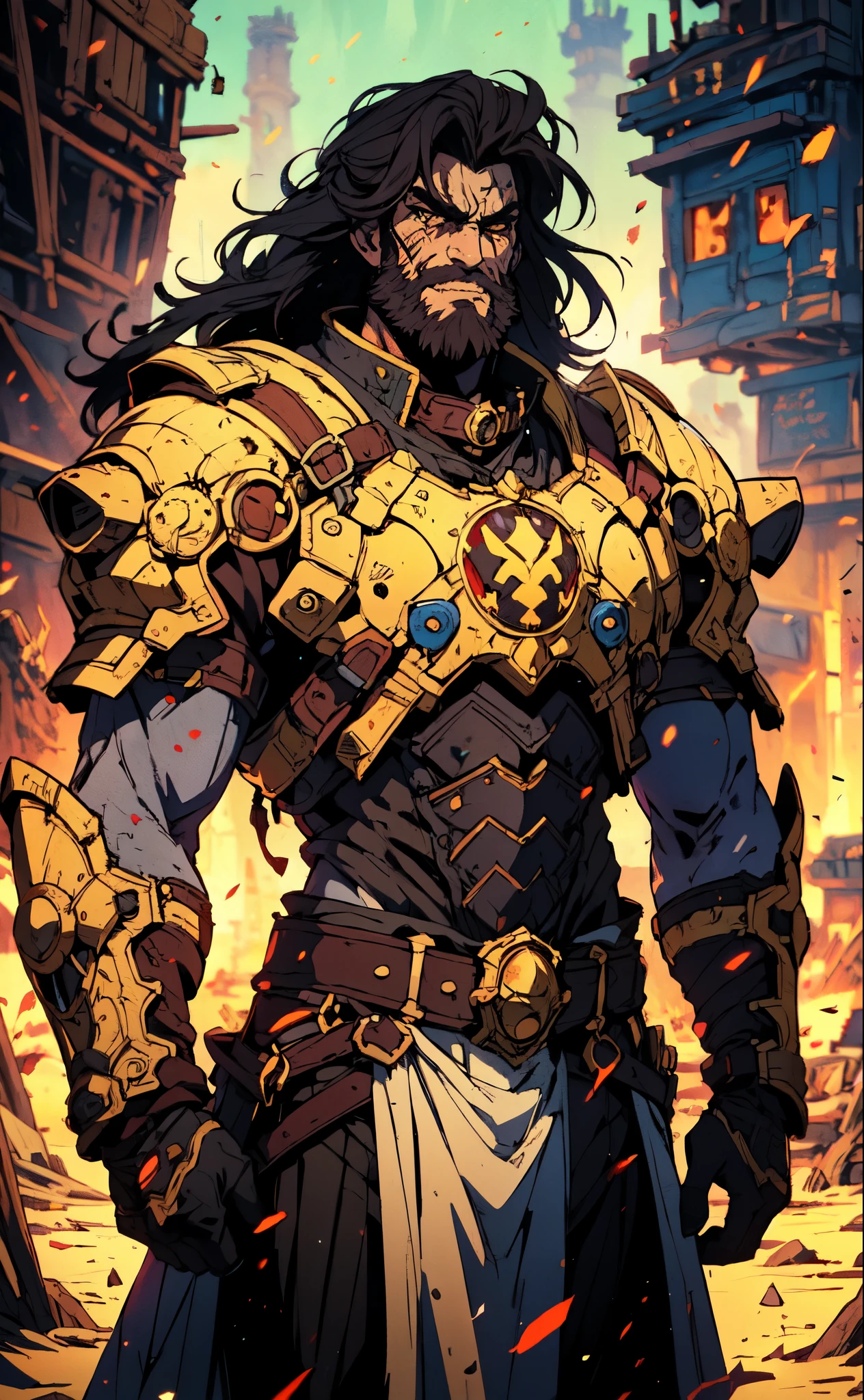 (masterpiece:1.2, best quality:1.2, extremely delicate:1.2), ((male:1.5)), a middle-aged man with long blue-black hair, thick eyebrows, sharp eyes, a wild smile, (a dense beard:1.2), (a huge scar down the middle of his face:1.2), a tall and robust build, ((luxurious golden high-collar chest armor without shoulder guards:1.3)), revealing his muscular abs, a short-sleeved undershirt, a metal belt, short skirt armor, canvas trousers, a cape flutters in the wind behind him, stands majestically on a desolate battlefield, this character embodies a finely crafted fantasy-style overlord in anime style, exquisite and mature manga art style, dramatic, high definition, highres, ultra-detailed, ultra-fine painting, professional, perfect body proportions, golden ratio, anatomically correct, symmetrical face, extremely detailed eyes and face, high quality eyes, creativity, RAW photo, UHD, 32k, Natural light, cinematic lighting, (masterpiece-anatomy-perfect:1.2)