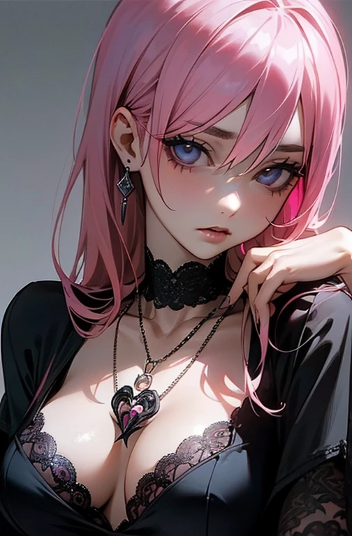 Cool women、sexy、Center of chest、Rize from Chainsaw Man、beauty、Yandere、、Face close-up、Chest tattoo、Christian Dior Necklace、、(Pink Hair).(Black lace dress)、(alone)、point the muzzle at the viewer、