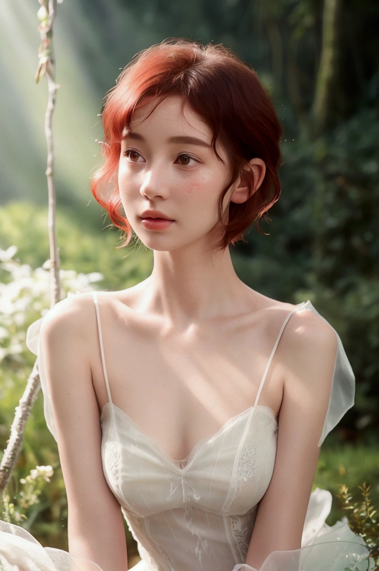 Cute woman under drizzle, (elegant, pretty face), Transparent white dress, forest moss, (freckle:0.8), Flower Field, , red curly hair, magical atmosphere, (short hair), ((Delicate skin, Texture)), Super detailed, (Intricate details, Exquisite details, Super detailed), Ray tracing, Subsurface scattering, (Fantasy underground world in the background), Diffuse soft light, Shallow depth of field, go through (Oliver Waite), sharp focus bokeh, (Realistic photo quality:1.4)