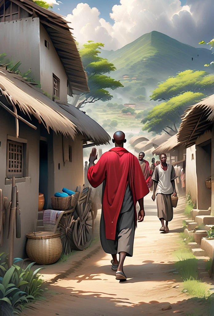 Ultra Realistic, Highly Defined Details, African tribal Family Black, Young adult 18year old leaving the village, family saying goodbye, villagers waving goodbye, Young 18 year old male, in a red cloak, Crimson Decor, Sunlight to Capturing the Mode, Young African Villager, sitting in shady grey area, looking sad, rain clouds, l leaving the Village, Mountains behind the Village, walking on the trail, village trail out side view walking, side perspective, leaving the village, waving goodbye, going on a journey, goodbye, has a dagger, out side of the village, outside of the village, on the trail, on the trail, leaving the village, leaving, exiting the village