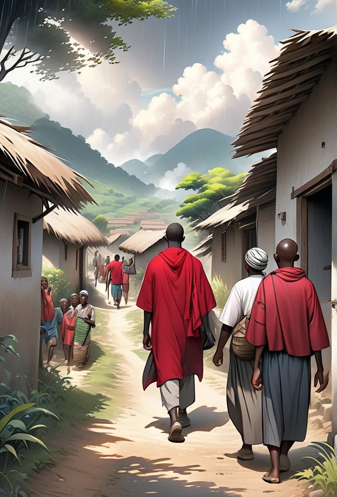 Ultra Realistic, Highly Defined Details, African tribal Family Black, Young adult 18year old leaving the village, family saying goodbye, villagers waving goodbye, Young 18 year old male, in a red cloak, Crimson Decor, Sunlight to Capturing the Mode, Young African  Villager,  sitting in shady grey area, looking sad, rain clouds, l leaving the Village, Mountains behind the Village, walking on the trail, village trail out side view walking, side perspective, leaving the village, waving goodbye, going on a journey, goodbye, has a dagger, out side of the village, outside of the village, on the trail, on the trail, leaving the village, leaving, exiting the village 