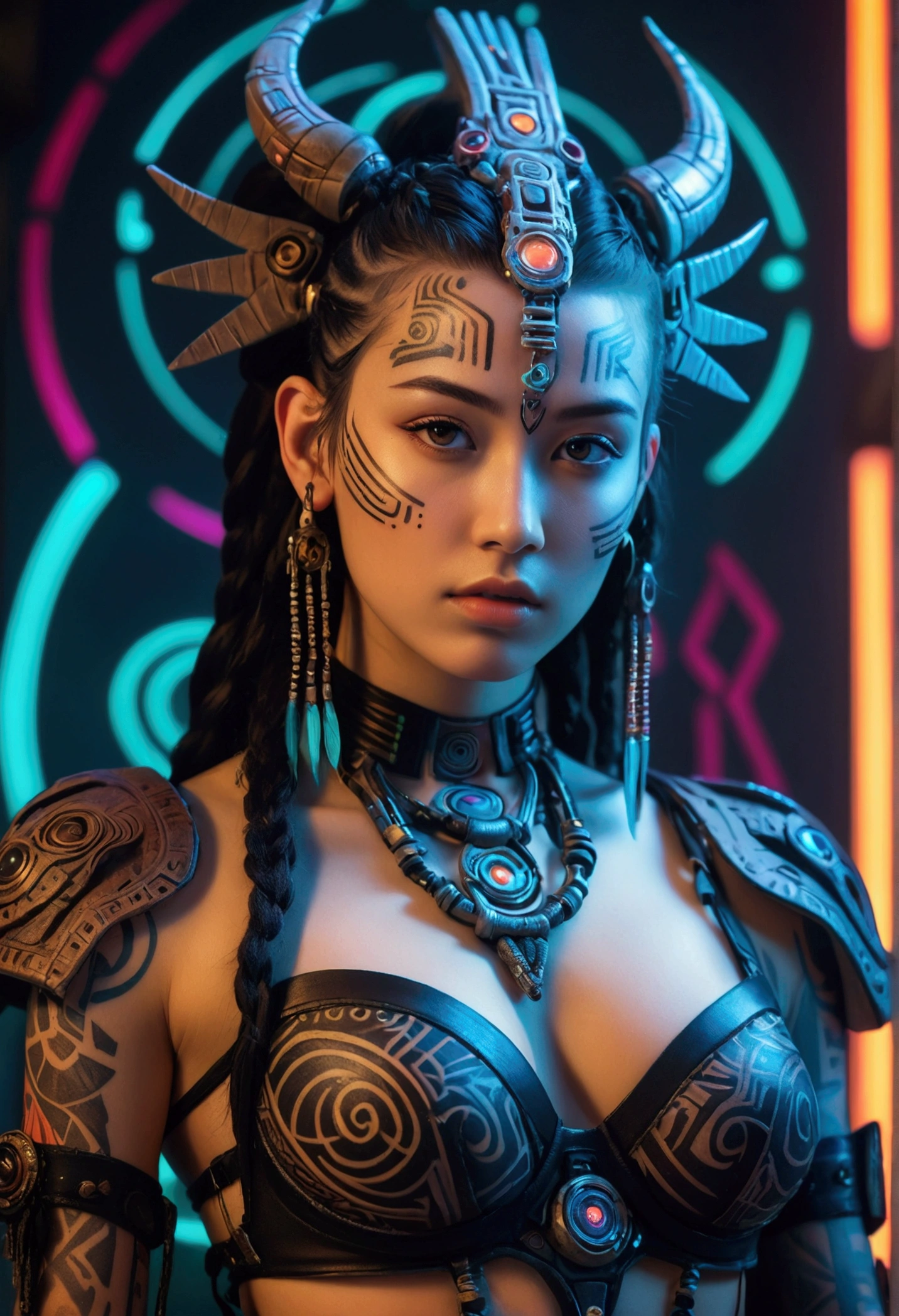 detailed cinematic photography of Beautiful teen cyberpunk techno female shaman, tribal corsetry outfit, tribal tattoos, a beautiful cyberpunk cell, posing for Maxim magazine cover, neon lit, iabstract beauty, near perfection, pure form, intricate detail Outrageously stunning detailed photo realistic cinematic photography