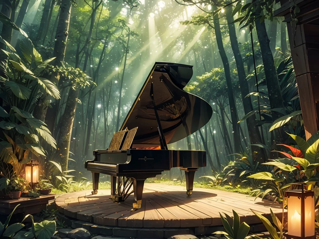 A Shineing white piano,no characters needed,forest,Tall tree々, fire Fly,Small animal star, the Highest quality, Best reflection ever. (Very detailedCG統合8k壁紙), (Highest quality), (Best illustrations), (Best Shadow), forest theme with Natural elements. small Shineing mushrooms surrounded by delicate leaf and branch, with fire Fly and Shineing Particle Effects,, (Natural elements), (Jungle theme), (leaf), (branch), (fire Fly), butterfly, (delicate leaf), (Shine), (Particle Effects). , Isometric 3D, Octane Rendering, Ray Tracing, Very detailed、There is a grand piano sitting there.
