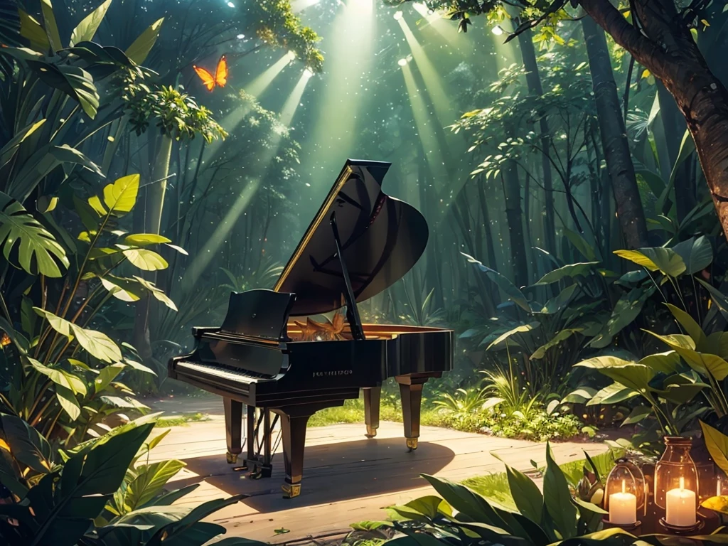 A Shineing white piano，no characters needed，forest，Tall tree々, fire Fly，Small animal star, the Highest quality,  Best reflection ever. (Very detailedCG統合8k壁紙), (Highest quality), (Best illustrations), (Best Shadow), forest theme with Natural elements.   small Shineing mushrooms surrounded by delicate leaf and branch, with fire Fly and Shineing Particle Effects,, (Natural elements), (Jungle theme), (leaf), (branch), (fire Fly), butterfly, (delicate leaf), (Shine), (Particle Effects). , Isometric 3D, Octane Rendering, Ray Tracing, Very detailed、There is a grand piano sitting there.