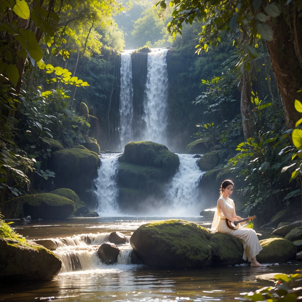 A beautiful woman dressed in traditional Thai attire from classical literature, playing a guitar on a rock by a waterfall. The scene is illuminated by the soft, golden sunlight, creating a serene and enchanting atmosphere.
