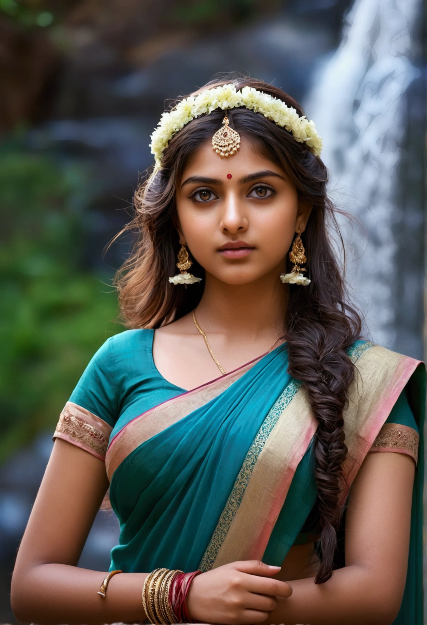 masterpiece), (best quality:1.7), high resolution illustration, (finely detailed eyes and detailed face), (detail:1.3, best quality, (ultra-detailed), (an extremely delicate and beautiful),cinematic light,dynamic angle,floating, (best quality:1.3),((disheveled hair:1.2),(beautiful detailed eyes:1.1), Indian girl, wearing saree , cleavage full , big breast , charming face , seductive pose, temple meadows waterfall background , bokeh , flowers on hair
