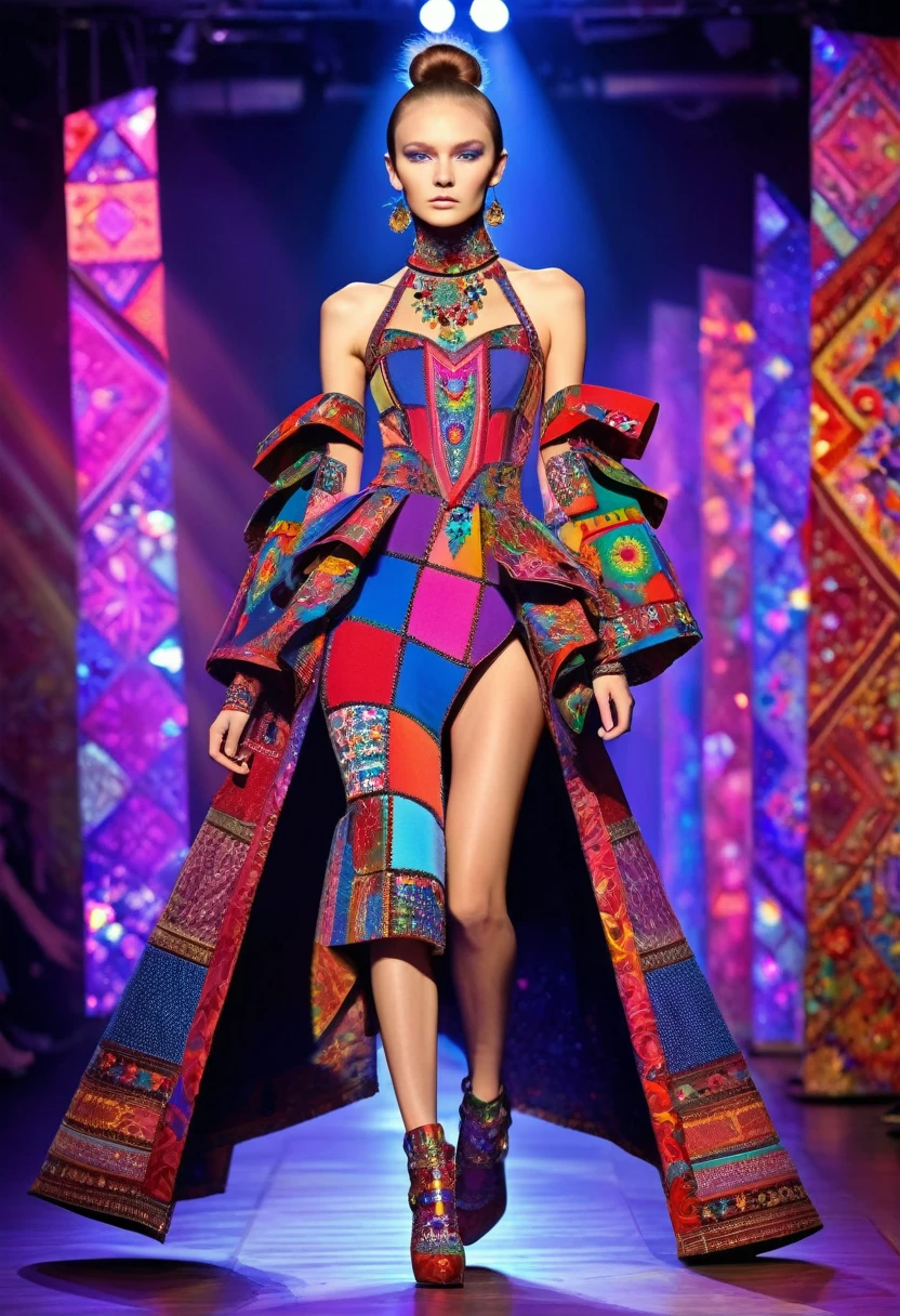 attractive young fashion model, defile, Russian patchwork dress ,catwalk, laser beams, Russian paraphernalia, from the shoulder, Very colorful, estetic,
Best Improvisation, ((Mordecai-Ardon style!)), ((perfect full body detail)), magic art, protogen, (single shot), crimson/liliac
, ((best quality, Masterpiece)), ((Highest detail)), RAW:1,1, 8k