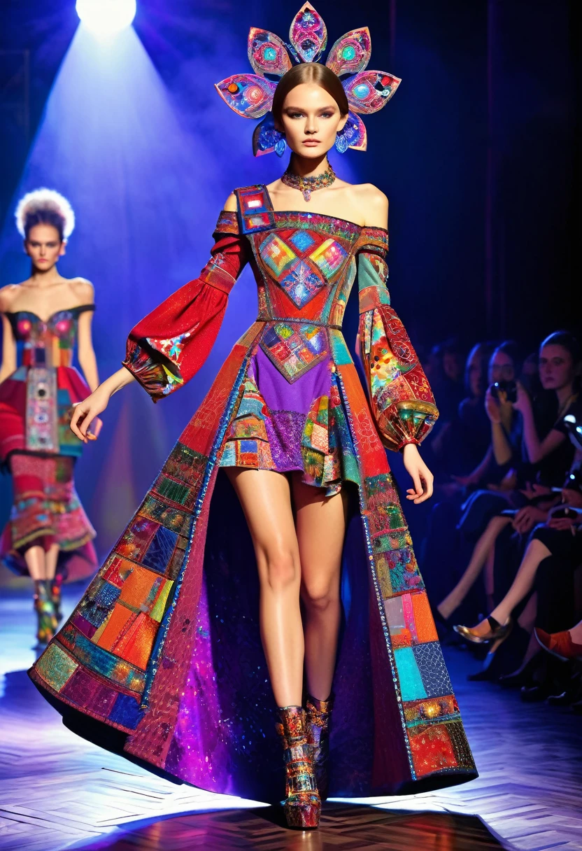 attractive young fashion model, defile, Russian patchwork dress ,catwalk, laser beams, Russian paraphernalia, from the shoulder, Very colorful, estetic,
Best Improvisation, ((Mordecai-Ardon style!)), ((perfect full body detail)), magic art, protogen, (single shot), crimson/liliac
, ((best quality, Masterpiece)), ((Highest detail)), RAW:1,1, 8k