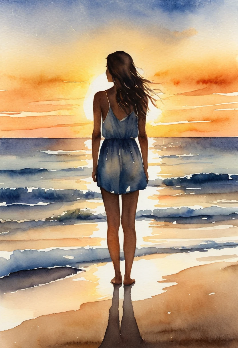 A captivating watercolor painting of a solitary girl standing on a serene sunset beach. The girl's silhouette is starkly naked, yet her straight hair billowing in the gentle breeze adds a sense of grace to the scene. The sun casts a warm, golden hue over the horizon, reflecting on the calm ocean waves. The overall atmosphere of the painting evokes a sense of vulnerability, freedom, and introspection.