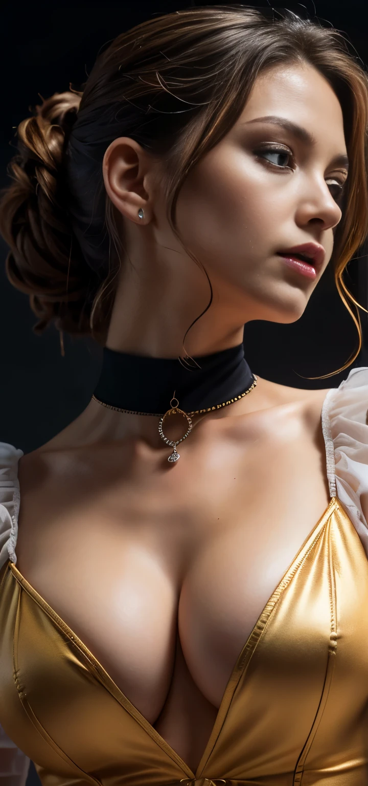 ((extreme detail)),(ultra-detailed), extremely detailed CG unity 8k wallpaper, figurine, sexy bodice, cleavage. Choker. puffy sleeves, lips, looking away, close-up, head turn, black background, nude