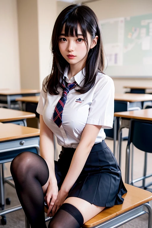 (Highest quality, 8k, 32K, masterpiece, Ultra-high resolution:1.2), Cute like an idol、 (Huge breasts:1.1), Short black hair, bangs,expensive, (school uniform), Tight waist, Junior high school girl、Black knee-highs、Sit at a desk
