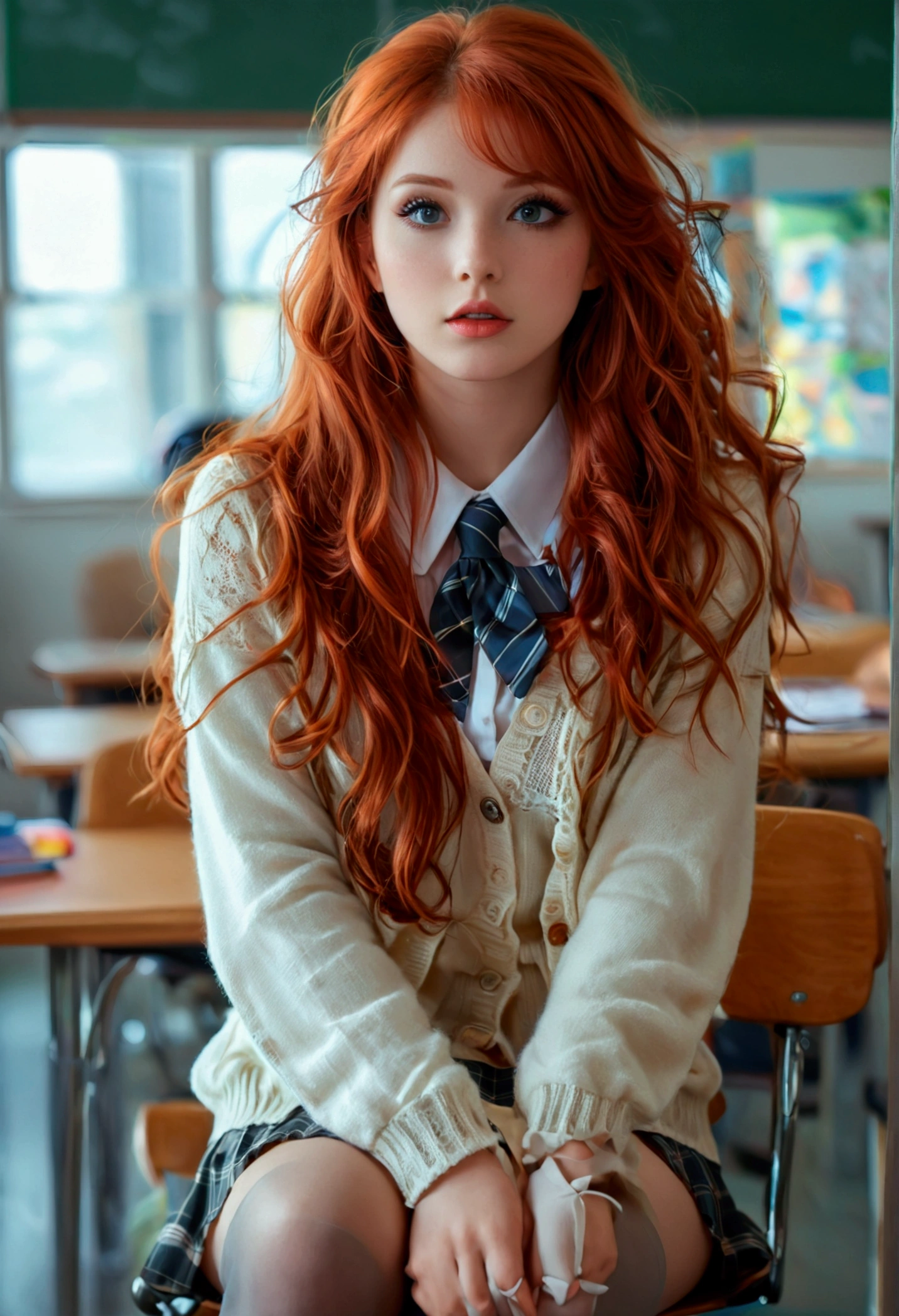 ultra realistic, photography, long red hair, girl, 24 years old, hourglass figure, perfect body, small breasts, Flirty look, extremely detailed artgerm, in the style artgerm, facing the camera, lens 35 mm, blur background, wearing a school girl outfit (cardigan, skirt, white thigh highs, a tie), sitting in classroom, sitting on a chair behind her desk, looking sedcutivly, playing with a strand of her hair, legs crossed