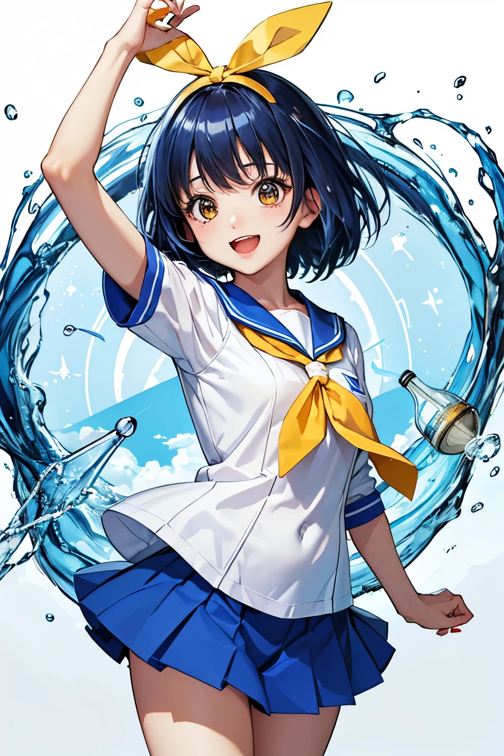 Asuka Honda、明日香、ASKA120%、Blue Hair、Bobcut、Yellow ribbon on the head、Sailor suit、Blue Skirt、Holding a beaker、has an Erlenmeyer flask、Full of energy、Full of smiles、Jumping、Throwing a flask、Explosive Chemicals（（（ＳＦＷ、sound、Highest quality、first-clasasterpiece、Normal body、8k、Detailed face、Ultra-precision、Normal hand、Normal finger、５Finger、Highest）））