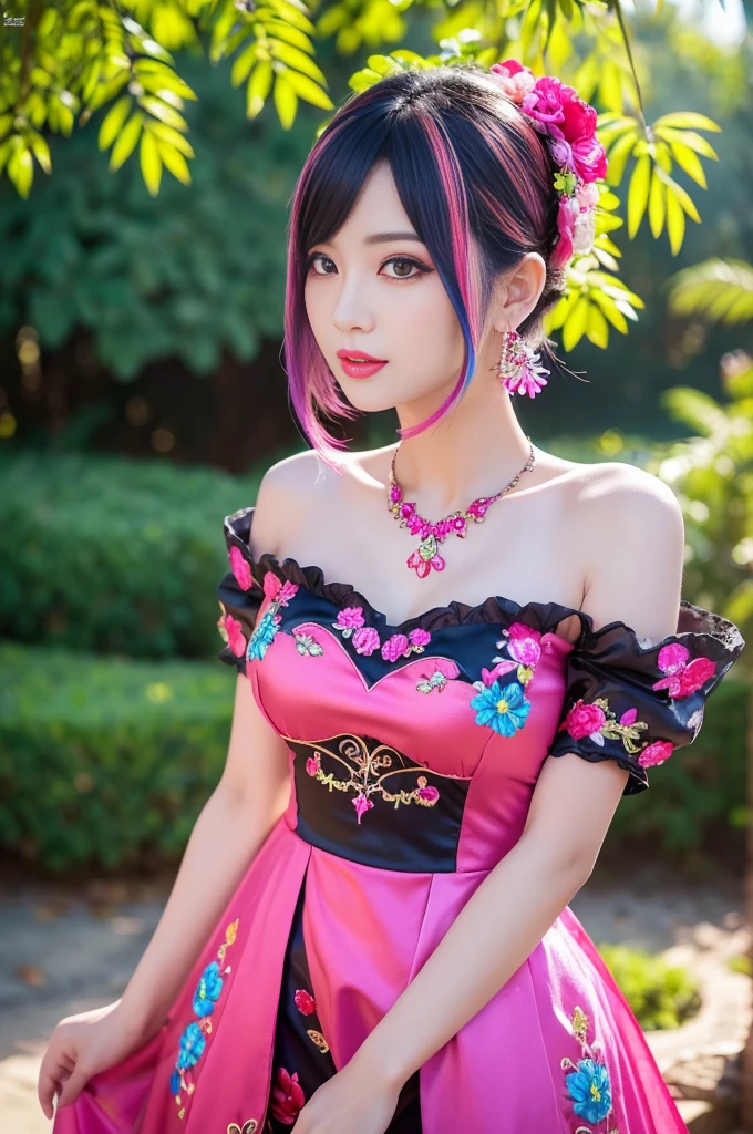 (masterpiece:1.4), (best quality:1.4), ultra high res, ultra high resolution, ((detailed facial features)), HDR, (realistic, photorealistic, photo-realistic:1.37), full body Esbian, sexy swedish model, (-anime), only 1 model, vivid colors, ((vivid colors multicolor (fuchsia, pink, light blue, purple) very short hair)), (seductive smile), lip-gloss, long lashes, defined eyebrows, wearing large sparkling colorful jewelery, wearing a red silk Paradise Kiss cosplay dress with black floral embroidery, ((vivid colors outfit)), vivid colors, look at the camera, cinematic light, large park background with trees, sweet and sexy pose