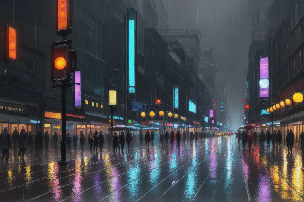 painting of a city street with cars and people walking on the sidewalk, rainy night city street, futuristic city street, beautiful cityscape, rainy urban streets, rainy city at night, city at night in the rain, rainy street, street city night, fantasy cityscape, beautiful oil matte painting, concept art oil painting, oil on canvas. cinematic, rainy cyberpunk city