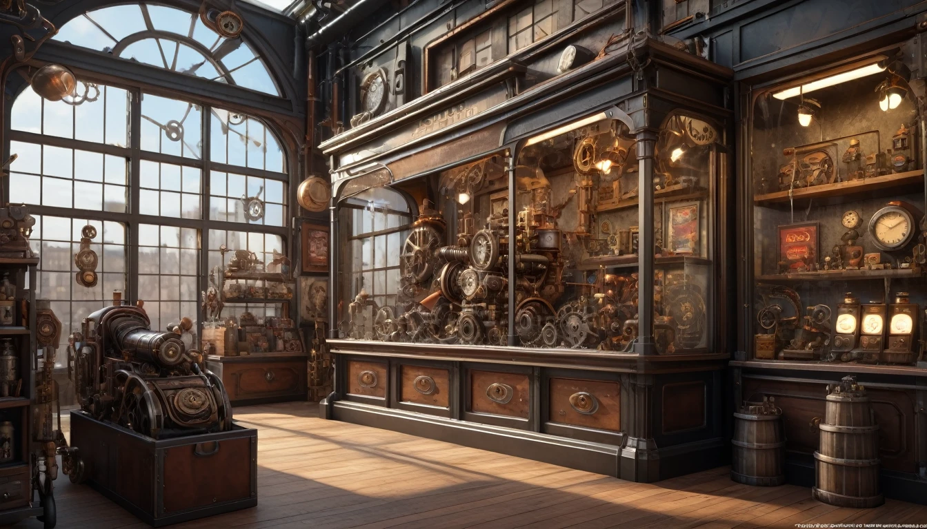 Steampunk Art, Toy store, Window Display, Octane Rendering, Strengthen, Complex, (Highest quality, masterpiece, Representative works, Official Art, Professional, 8k wallpaper:1.3)