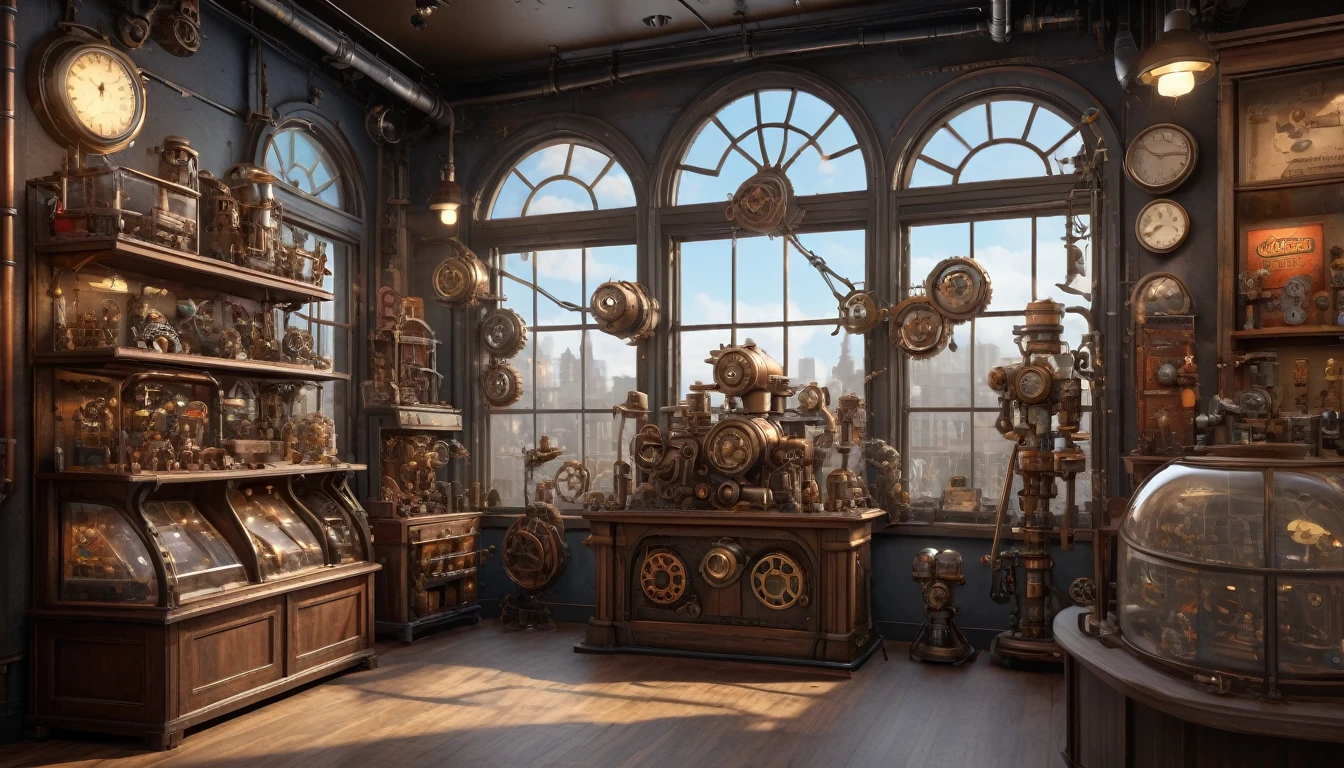 Steampunk Art, Toy store, Window Display, Octane Rendering, Strengthen, Complex, (Highest quality, masterpiece, Representative works, Official Art, Professional, 8k wallpaper:1.3)
