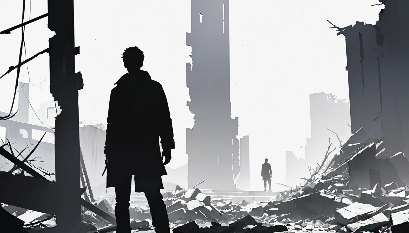High-resolution digital art, Genderless Man, Civilian, Survivor, Ruin background, minimalist black silhouette, clean white background, high resolution, digital art, vector illustration, black and white color palette