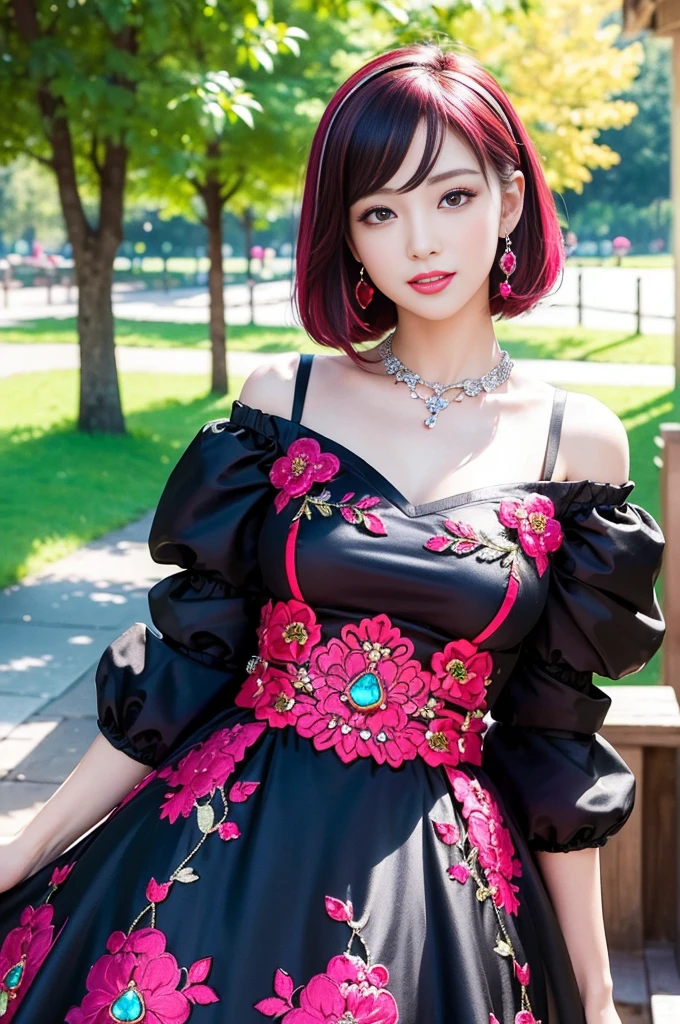 (masterpiece:1.4), (best quality:1.4), ultra high res, ultra high resolution, ((detailed facial features)), HDR, (realistic, photorealistic, photo-realistic:1.37), full body Esbian, sexy Japanese model, (-anime), vivid colors, ((vivid colors multicolor (red, fuchsia) very short hair)), (happy smile), lip-gloss, long lashes, beautiful makeup, defined eyebrows, wearing large sparkling colorful jewelery, wearing a red silk Paradise Kiss cosplay dress with black floral embroidery, ((vivid colors outfit)), vivid colors, look at the camera, cinematic light, large park background with trees, sweet and sexy pose