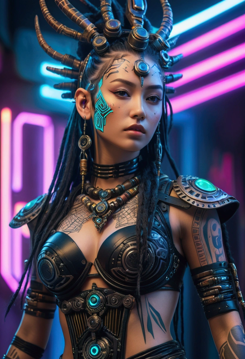 detailed cinematic photography of Beautiful teen cyberpunk techno female shaman, tribal corsetry outfit, tribal tattoos, a beautiful cyberpunk cell, posing for Maxim magazine cover, neon lit, iabstract beauty, near perfection, pure form, intricate detail Outrageously stunning detailed photo realistic cinematic photography
