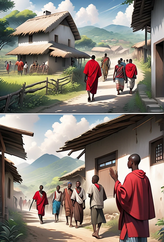 Ultra Realistic, Highly Defined Details, African tribal Family Black, Young adult 18year old leaving the village, family saying goodbye, villagers waving goodbye, Young 18 year old male, in a red cloak, Crimson Decor, Sunlight to Capturing the Mode, Young African Villager, sitting in shady grey area, looking sad, rain clouds, l leaving the Village, Mountains behind the Village, walking on the trail, village trail out side view walking, side perspective, leaving the village, waving goodbye, going on a journey, goodbye, has a dagger, out side of the village, outside of the village, on the trail, on the trail, leaving the village, leaving, exiting the village, out side of the village on the trail, not inside the village
