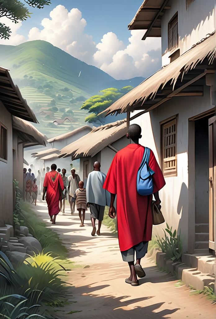 Ultra Realistic, Highly Defined Details, African tribal Family Black, Young adult 18year old leaving the village, family saying goodbye, villagers waving goodbye, Young 18 year old male, in a red cloak, Crimson Decor, Sunlight to Capturing the Mode, Young African Villager, sitting in shady grey area, looking sad, rain clouds, l leaving the Village, Mountains behind the Village, walking on the trail, village trail out side view walking, side perspective, leaving the village, waving goodbye, going on a journey, goodbye, has a dagger, out side of the village, outside of the village, on the trail, on the trail, leaving the village, leaving, exiting the village, out side of the village on the trail, not inside the village