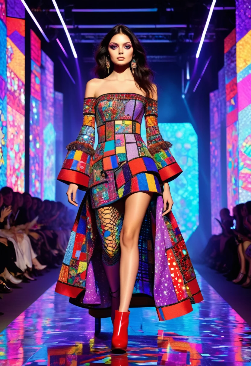 attractive young fashion model, defile, Russian  patchwork dress ,catwalk, laser beams, Russian paraphernalia, from the shoulder, Very colorful, estetic,
 Best Improvisation,  ((Mordecai-Ardon style!)), ((perfect full body detail)), magic art, protogen, (single shot), crimson/liliac
, ((best quality, Masterpiece)), ((Highest detail)), RAW:1,1, 8k