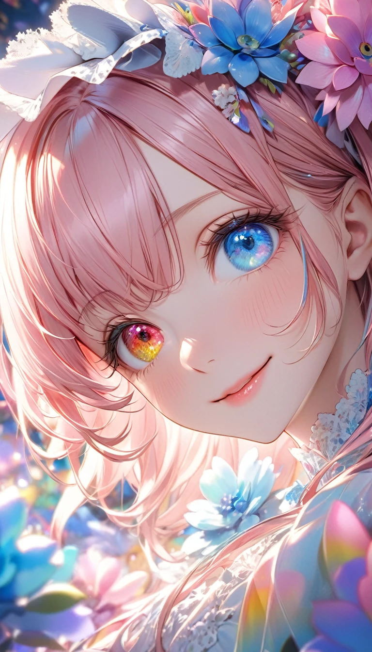 Psychedelic world、Commemorative photo、White rough shirt、beautiful girl、ta、15-ycute girl、(Facing forward), (Looking at this), (Very delicate and beautiful face)、(Beautiful eyes in every detail)、((((Heterochromia Iridum - Red and Blue Eye Color))))、Through the bangs, Pale pink hair, Beautiful attention to detail, Beautiful lip detail, Highly detailed face, Attractive eyes, Long eyelashes, smile, Shy, One Girl, Digital Art, pastel colour, Soft lighting, Cinematic, romantic, Baby Doll、Framing above the chest、Colorful gel background、Fractal Floral Background、Sparkling、Perfect lighting、Sharp focus、High resolution、High resolution、High color rendering、High resolution、Ultra-realistic、Realistic
