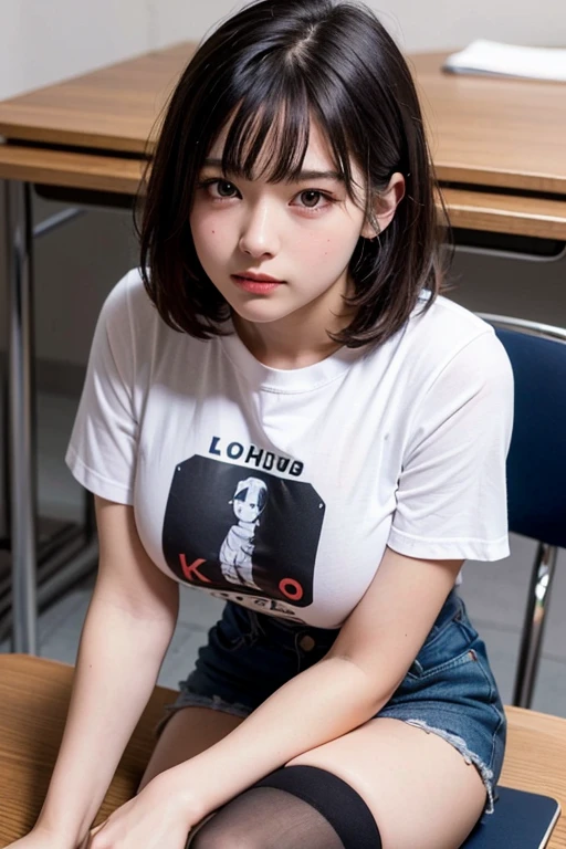 (Highest quality, 8k, 32K, masterpiece, Ultra-high resolution:1.2), Cute like an idol、 (Huge breasts:1.1), Short black hair, bangs,expensive, T-Shirts、Shorts、Tight waist, Junior high school girl、Black knee-highs、Sit at a desk
