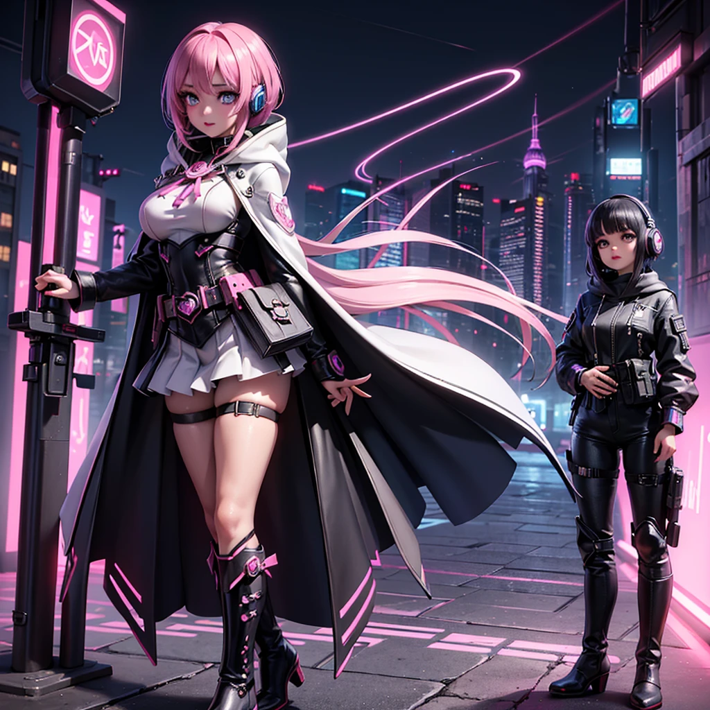 a stunning magical girl in a cyberpunk world, beautiful detailed eyes, beautiful detailed lips, extremely detailed face, long eyelashes, girl with a cute heart-shaped magic wand, hooded cape, wearing a headset, idol-like cyberpunk outfit, white thigh-high boots, utility pouch on waist, (best quality,4k,8k,highres,masterpiece:1.2),ultra-detailed,(realistic,photorealistic,photo-realistic:1.37),vivid colors,professional digital art,intricate details,concept art,cyberpunk,magical girl