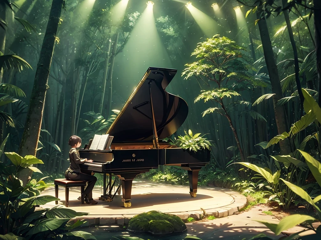 A Shineing white piano,no characters needed,forest,Tall tree々, the Highest quality, Best reflection ever. (Very detailedCG統合8k壁紙), (Highest quality), (Best illustrations), (Best Shadow), forest theme with Natural elements. small Shineing mushrooms surrounded by delicate leaf and branch, with ホタル and Shineing Particle Effects,, (Natural elements), (Jungle theme), (leaf), (branch),(delicate leaf), (Shine), (Particle Effects). , Isometric 3D, Octane Rendering, Ray Tracing, Very detailed、There is a grand piano sitting there.