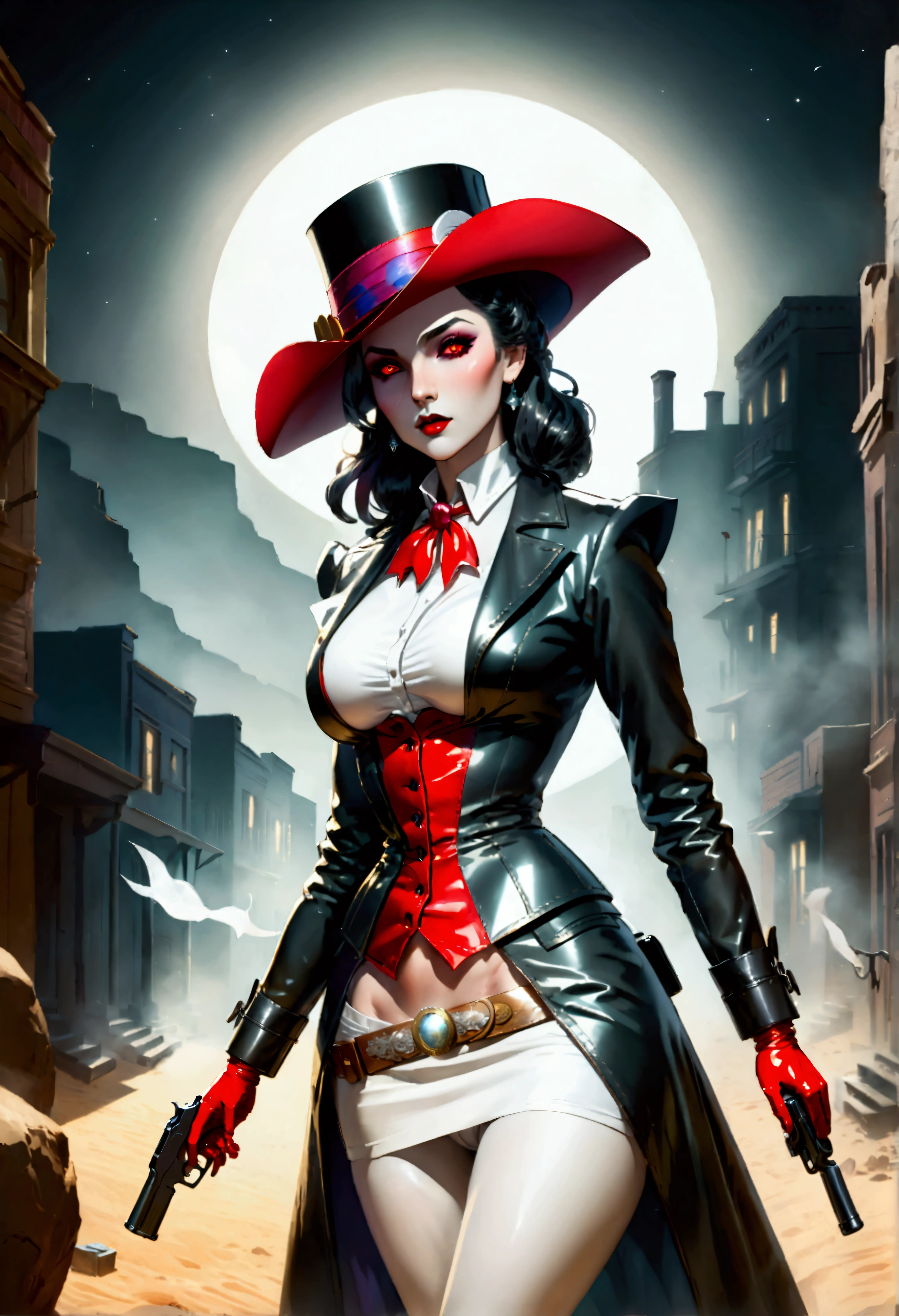(wild west black and white 19th century photograph style: 1.5) picture of a female vampire cowboy in the desert night, a goth beauty, exquisite beautiful female vampire, ((anatomically correct: 1.5), (ultra detailed face: 1.2), best detailed face, red glowing eyes, full body, busty, wearing white bottom shirt, short skirt, dynamic color. wearing (Gambler Crease hat: 1.2), wearing high heeled boots, wearing open black trench coat, flowing trench coat, (pistol in a holster: 1.1), it is night time in the desert, moon light. moon rays, west America desert canyon background, Hyperrealism style, vibrant, Ultra-high resolution, High Contrast, (masterpiece:1.5), highest quality, Best aesthetics), best details, best quality, highres, ultra wide angle, 16k, [ultra detailed], masterpiece, best quality, (extremely detailed) RAW, chumbasket art style, rpg portrait photograph,