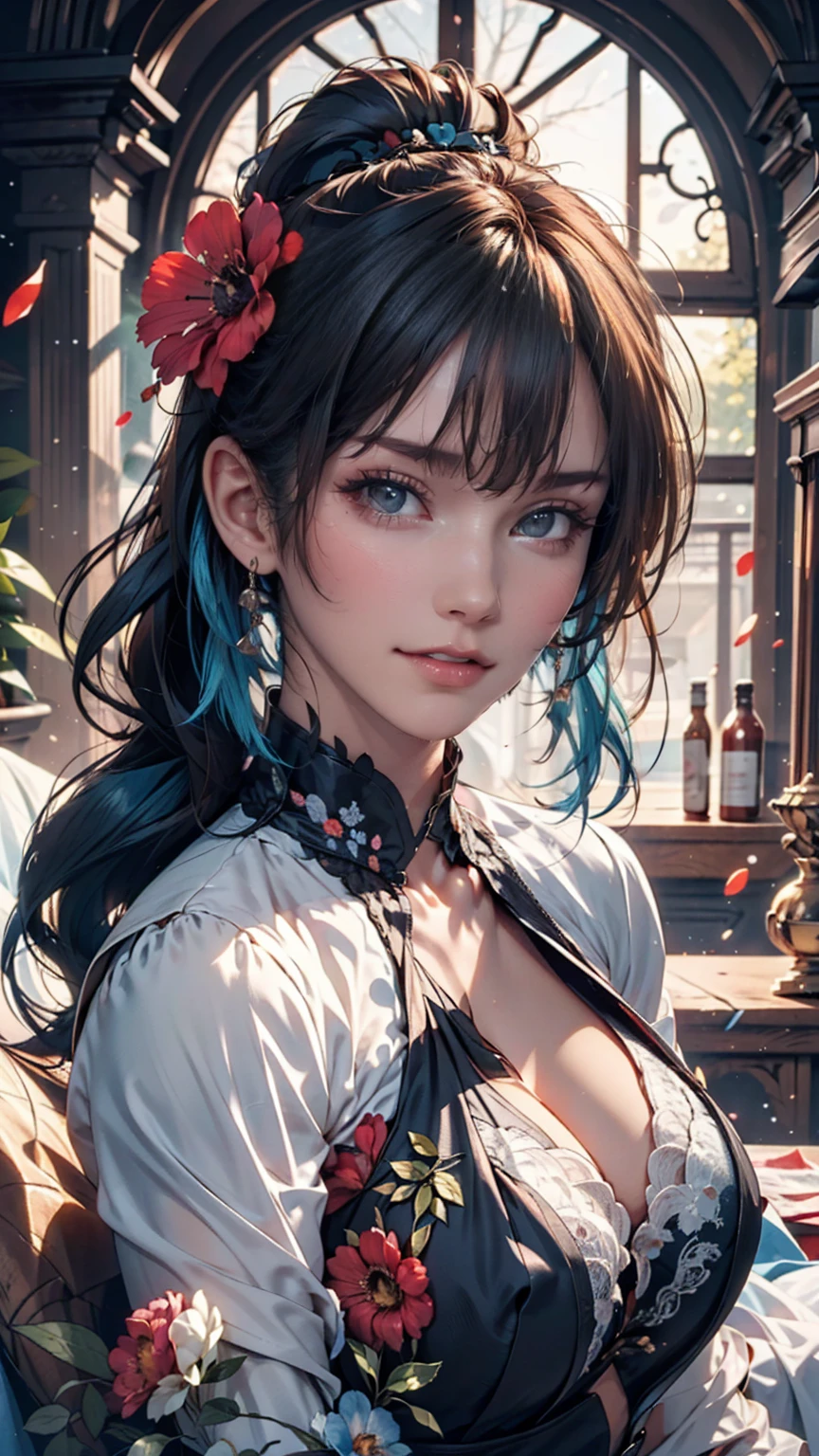 (masterpiece), (Highest quality), (Super detailed),(Disheveled Hair),(figure), (One girl), (Fashionable clothes), Are standing, Fashion Model, View your viewers, (interview), (Simple Background),Beautiful attention to detail, Delicate and beautiful face, floating,(High saturation),(Colorful splashes),Colorful Bubbles,(The Shining), Focus on the face, ponytail, kamisato ayaka, Light blue hair, bangs, Hair Ring, Floating Flowers, Floating hair, (The Shining), Best lighting, Best Shadow,