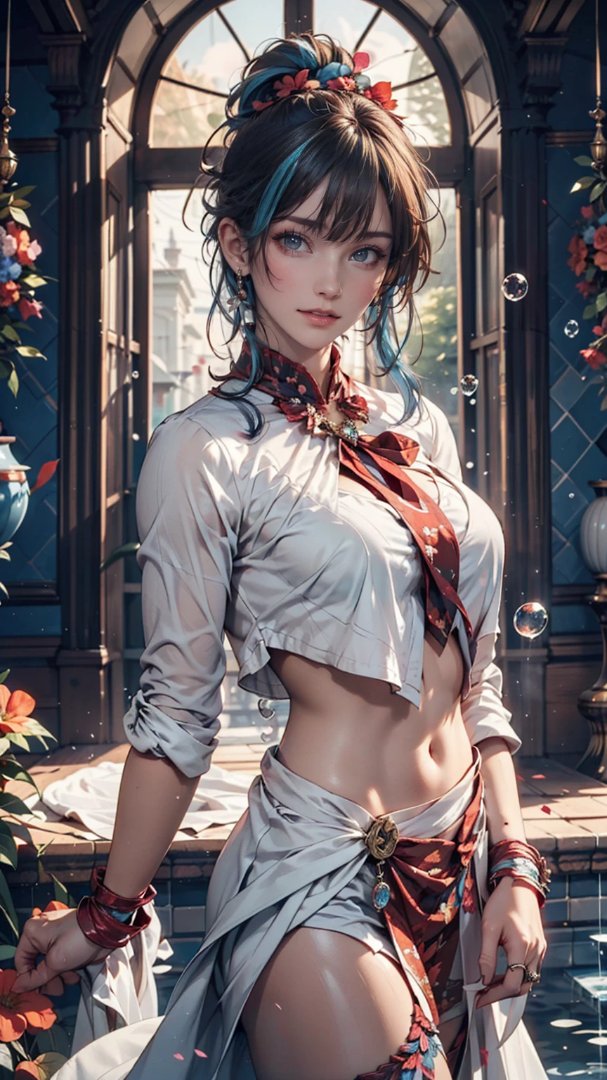 (masterpiece), (Highest quality), (Super detailed),(Disheveled Hair),(figure), (One girl), (Fashionable clothes), Are standing, Fashion Model, View your viewers, (interview), (Simple Background),Beautiful attention to detail, Delicate and beautiful face, floating,(High saturation),(Colorful splashes),Colorful Bubbles,(The Shining), Focus on the face, ponytail, kamisato ayaka, Light blue hair, bangs, Hair Ring, Floating Flowers, Floating hair, (The Shining), Best lighting, Best Shadow,