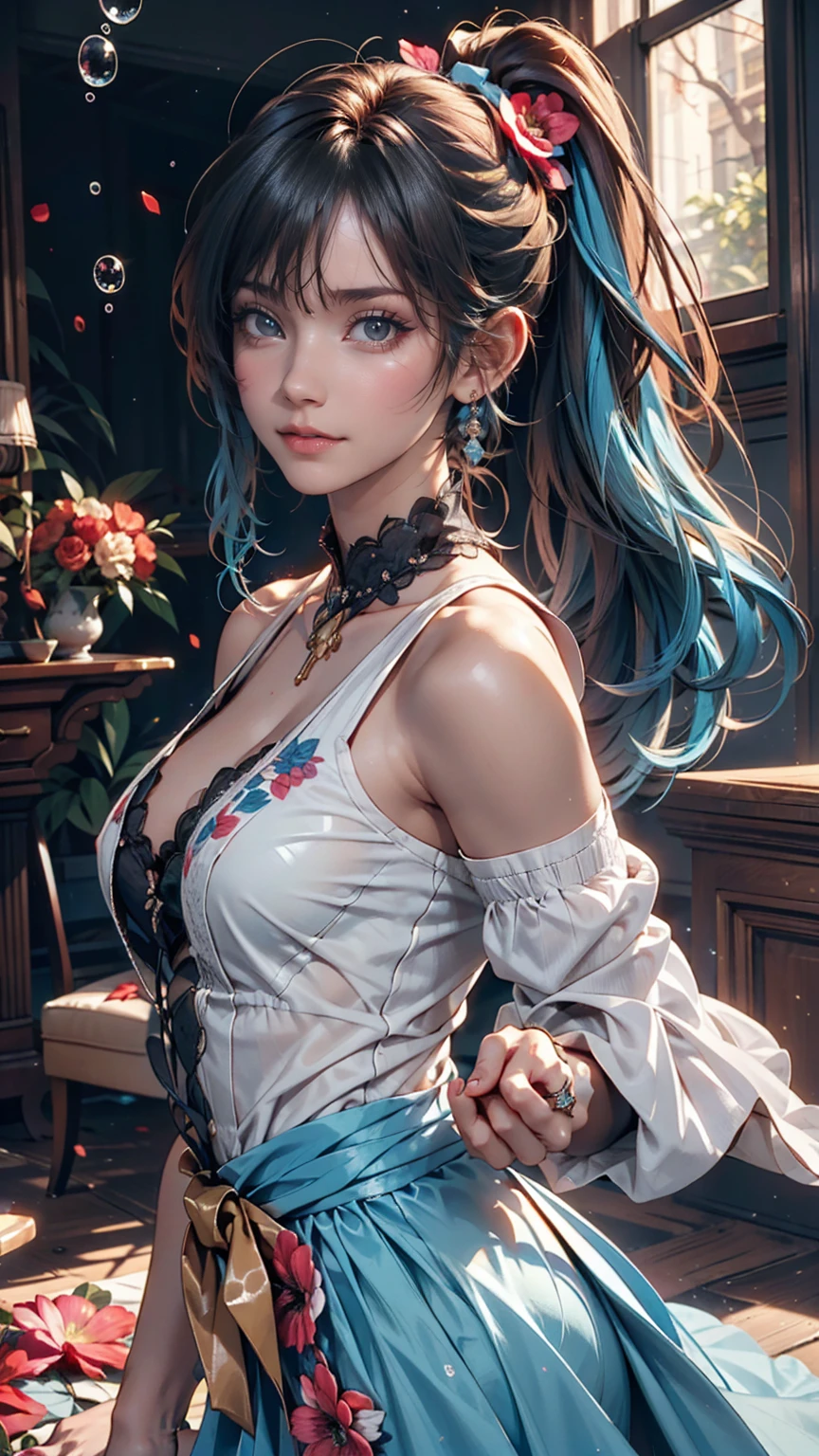 (masterpiece), (Highest quality), (Super detailed),(Disheveled Hair),(figure), (One girl), (Fashionable clothes), Are standing, Fashion Model, View your viewers, (interview), (Simple Background),Beautiful attention to detail, Delicate and beautiful face, floating,(High saturation),(Colorful splashes),Colorful Bubbles,(The Shining), Focus on the face, ponytail, kamisato ayaka, Light blue hair, bangs, Hair Ring, Floating Flowers, Floating hair, (The Shining), Best lighting, Best Shadow,