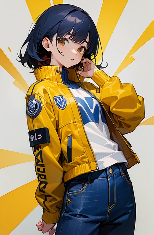 (masterpiece、Highest quality)、woman、(Hit、red)、(Jacket、Yellow jumper)、Navy blue jeans trousers、Future Police、Volkswagen Yellow、Polis wind、