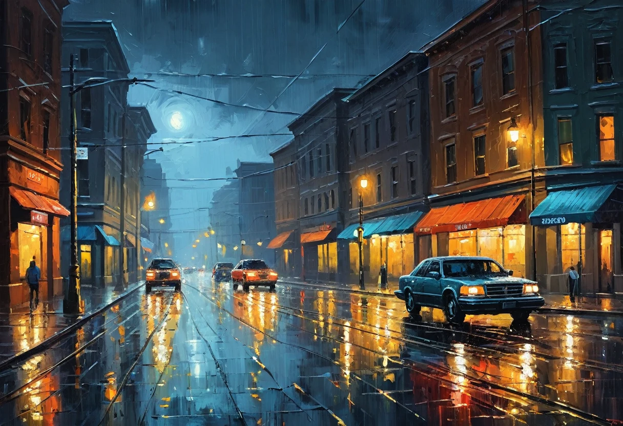 a painting of a city street at night, vector art, by Igor Kufayev, conceptual art, oil on canvas. cinematic, rainy afternoon, ross tran. scenic background, oil on canvas”