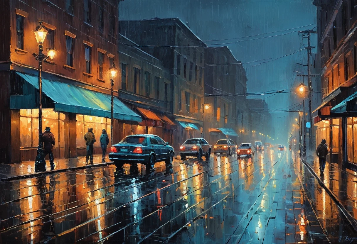 a painting of a city street at night, vector art, by Igor Kufayev, conceptual art, oil on canvas. cinematic, rainy afternoon, ross tran. scenic background, oil on canvas”