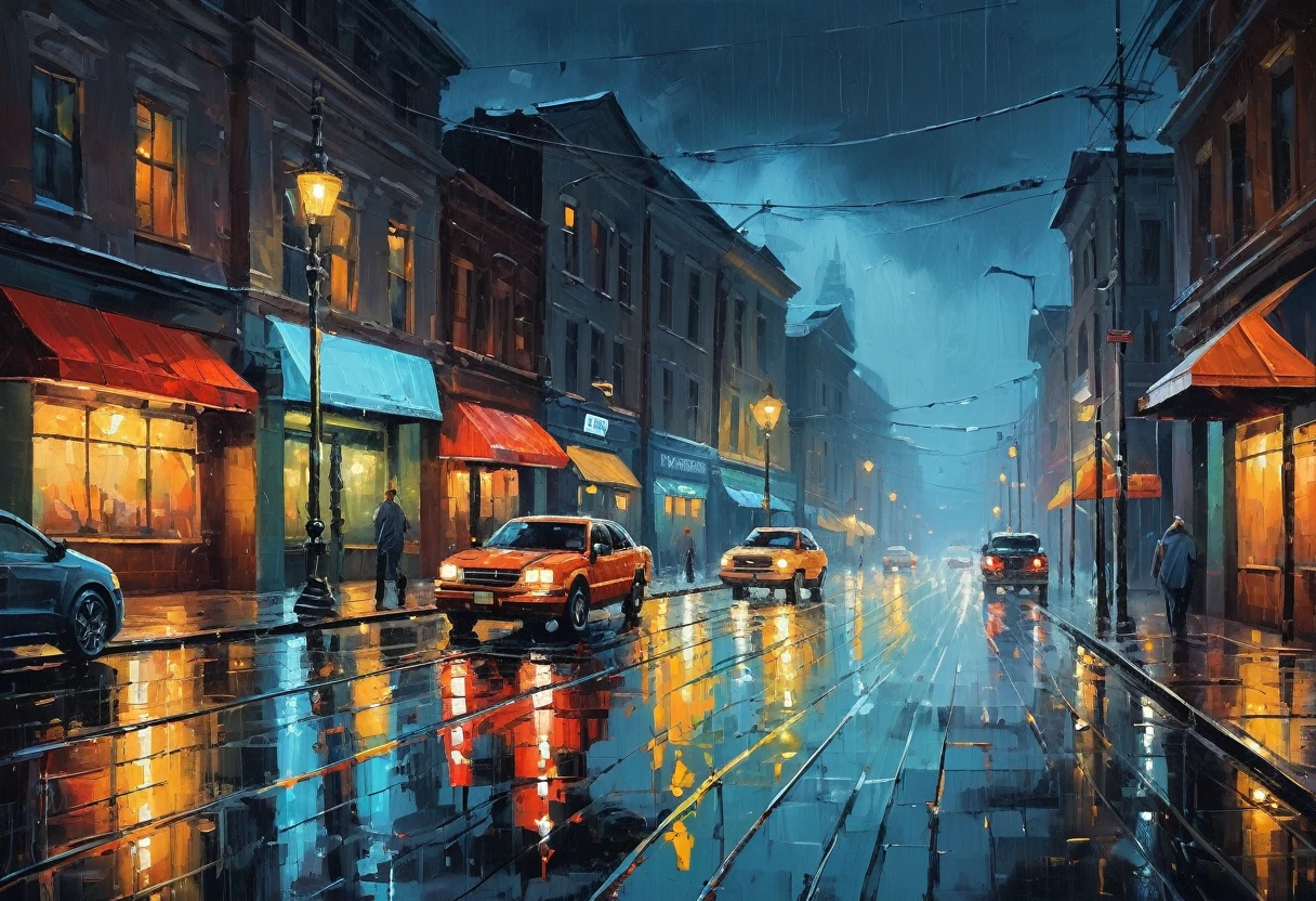 a painting of a city street at night, vector art, by Igor Kufayev, conceptual art, oil on canvas. cinematic, rainy afternoon, ross tran. scenic background, oil on canvas”