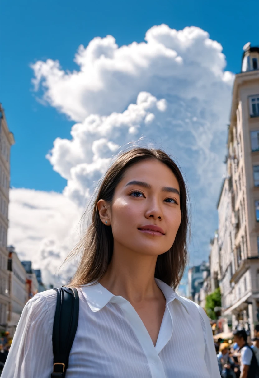 Photo taken with Canon EOS R5 85mm f/11 Camera, ((sharp)) mode of people and surrounding scenery. Image quality ((8K)), ((lifelike)), ((masterpiece)), ((sharp and highest contrast)), ((great depth of field)), ((light stereolithography)).
Close-up of woman's face, tourist street, tall buildings, blue sky, white clouds, bright sunlight
