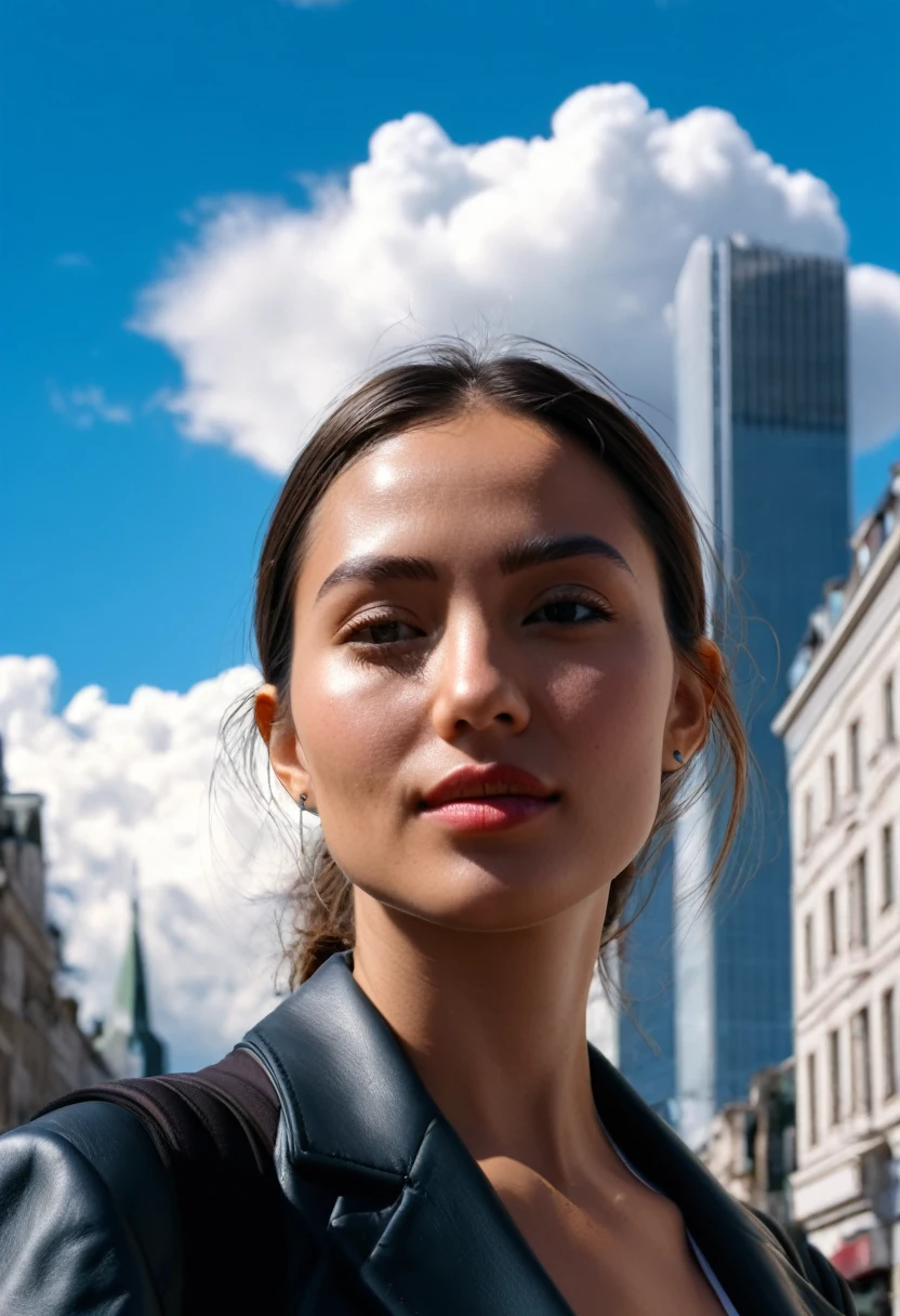 Photo taken with Canon EOS R5 85mm f/11 Camera, ((sharp)) mode of people and surrounding scenery. Image quality ((8K)), ((lifelike)), ((masterpiece)), ((sharp and highest contrast)), ((great depth of field)), ((light stereolithography)).
Close-up of woman's face, tourist street, tall buildings, blue sky, white clouds, bright sunlight