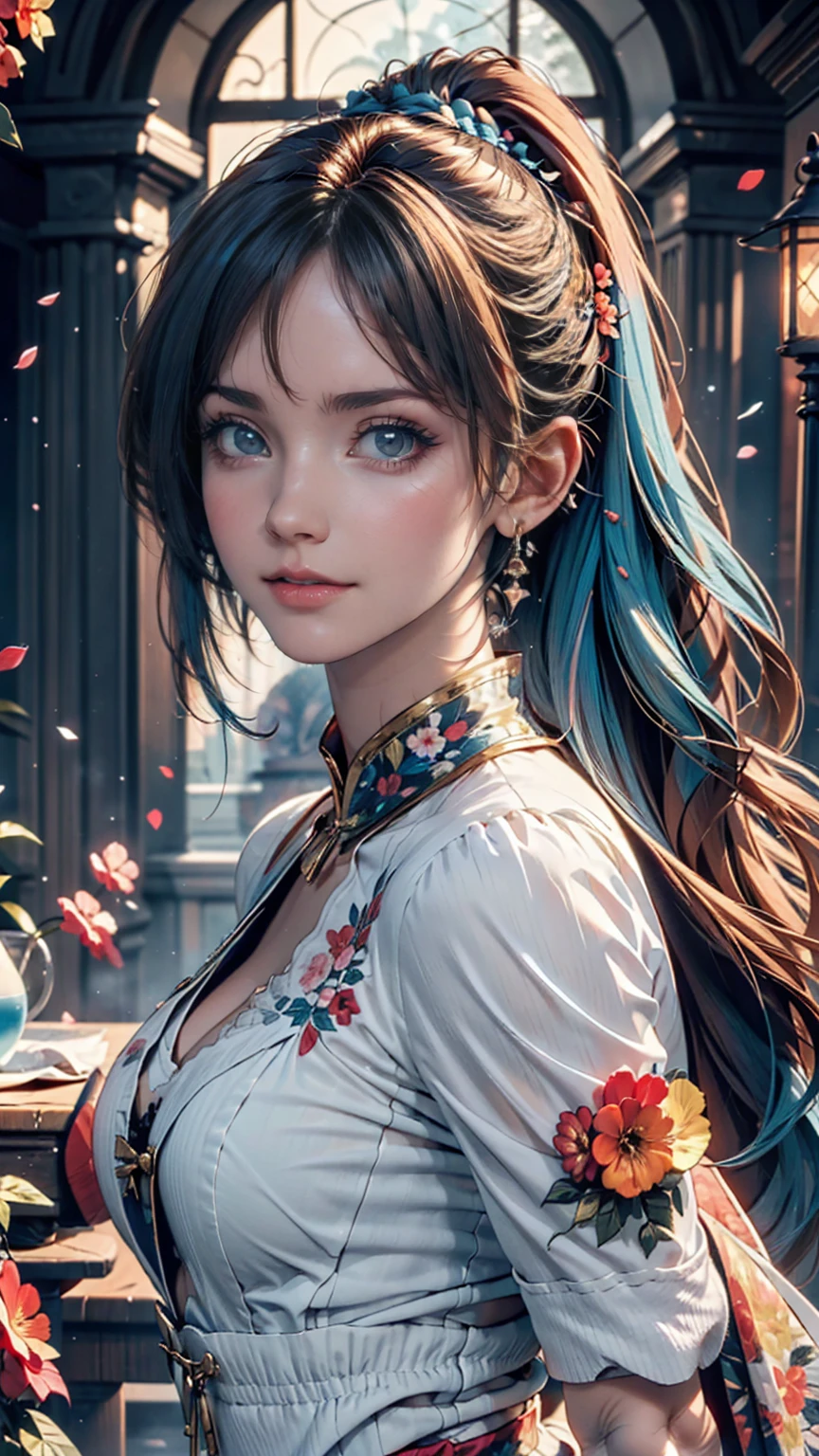 (masterpiece), (Highest quality), (Super detailed),(Disheveled Hair),(figure), (One girl), (Fashionable clothes), Are standing, Fashion Model, View your viewers, (interview), (Simple Background),Beautiful attention to detail, Delicate and beautiful face, floating,(High saturation),(Colorful splashes),Colorful Bubbles,(The Shining), Focus on the face, ponytail, kamisato ayaka, Light blue hair, bangs, Hair Ring, Floating Flowers, Floating hair, (The Shining), Best lighting, Best Shadow,