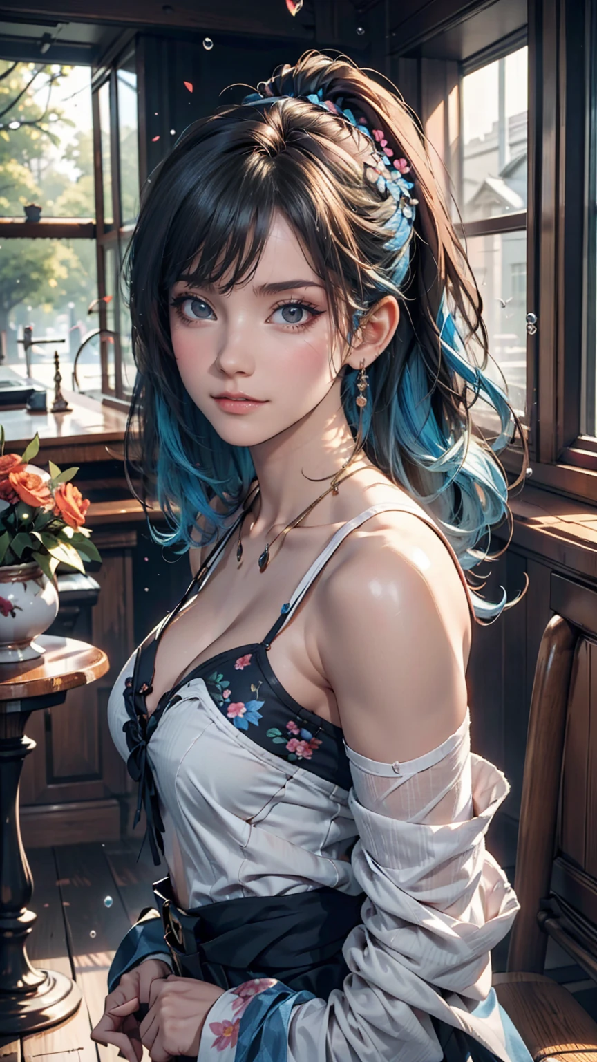 (masterpiece), (Highest quality), (Super detailed),(Disheveled Hair),(figure), (One girl), (Fashionable clothes), Are standing, Fashion Model, View your viewers, (interview), (Simple Background),Beautiful attention to detail, Delicate and beautiful face, floating,(High saturation),(Colorful splashes),Colorful Bubbles,(The Shining), Focus on the face, ponytail, kamisato ayaka, Light blue hair, bangs, Hair Ring, Floating Flowers, Floating hair, (The Shining), Best lighting, Best Shadow,