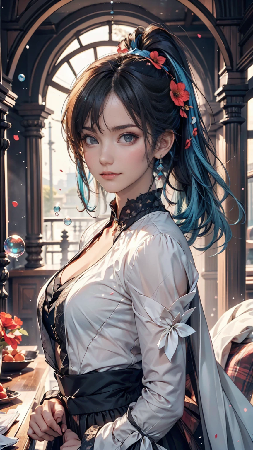 (best quality,4k,8k,high resolution,masterpiece:1.2),Super detailed, moon, cloud,night, 1 girl,Smile、black hair color hair、bun、red lips、stable、intelligence, hairpin, hair flower,blue eyes,long hair,hydrangea,side fringe ,solo, station,draw one(curly),traditional media, high quality,Peach blossom background。