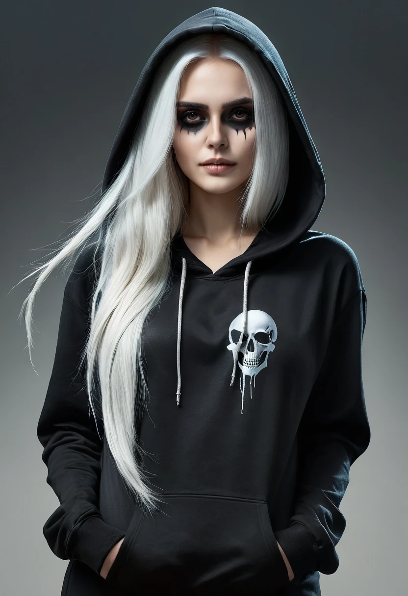 photorealistic of beautiful girl as The Death, The death in black hoodie cloack, skull face, long white hair, Death scythe in hand, best quality, a gradient movement of transition color background