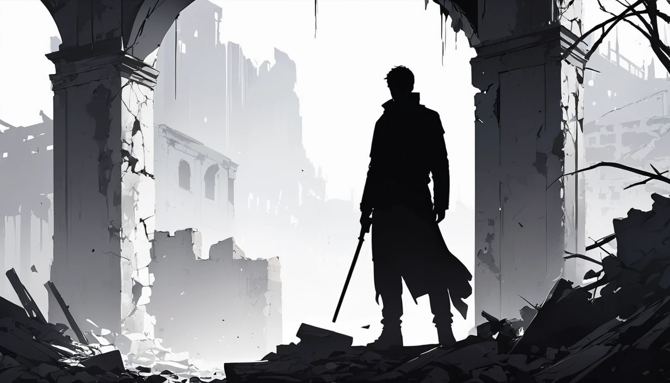 High-resolution digital art, Man, 1 Civilian, Survivor, Ruin background, minimalist black silhouette, clean white background, high resolution, digital art, vector illustration, black and white color palette
