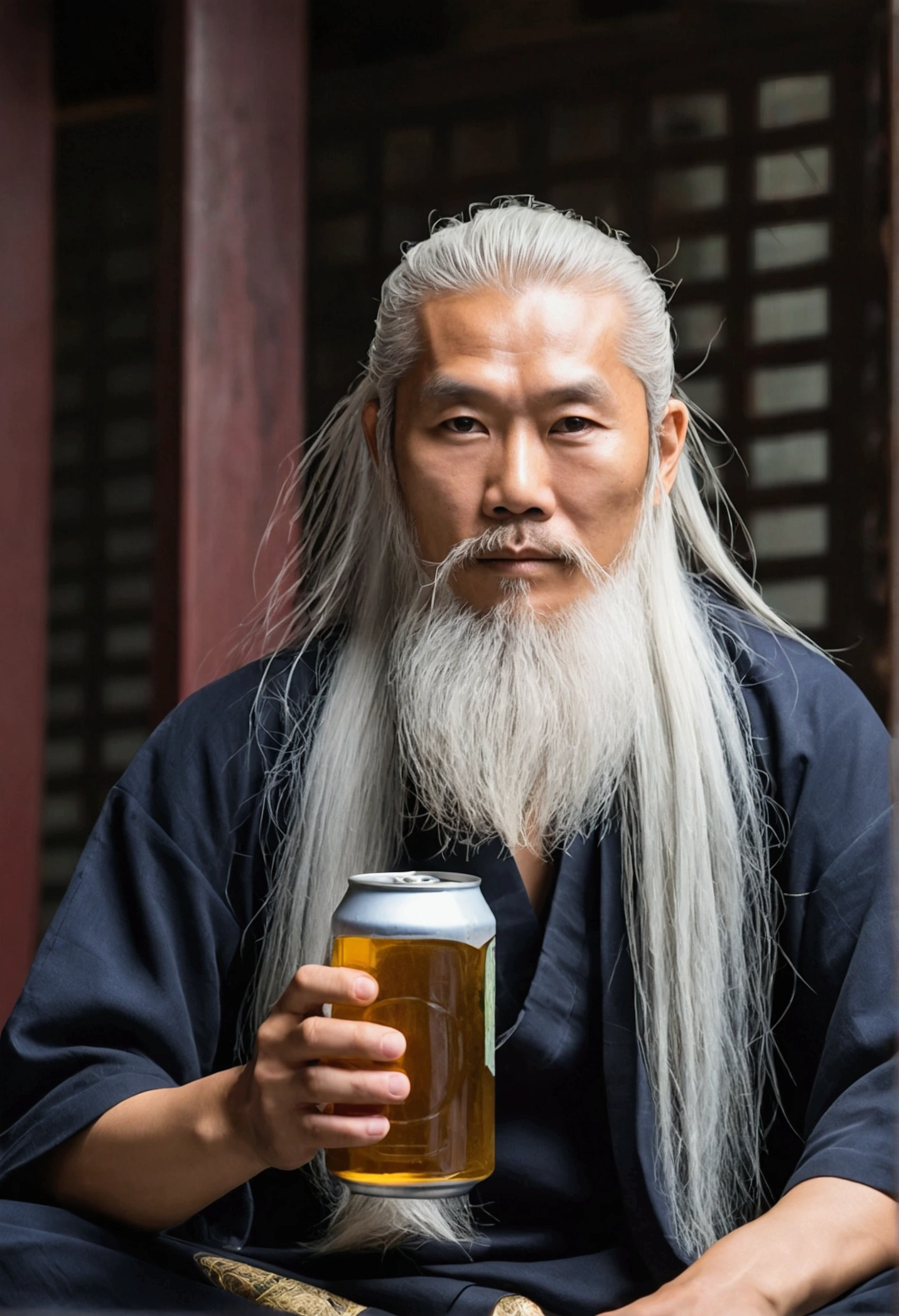 Close-up portrait of a 30 year old middle-aged Asian man, Holding a can of beer, long, white hair, Longasa Beard, Sitting cross-legged, Lighting up the magical aura around you, Taoist Master , Doctrine