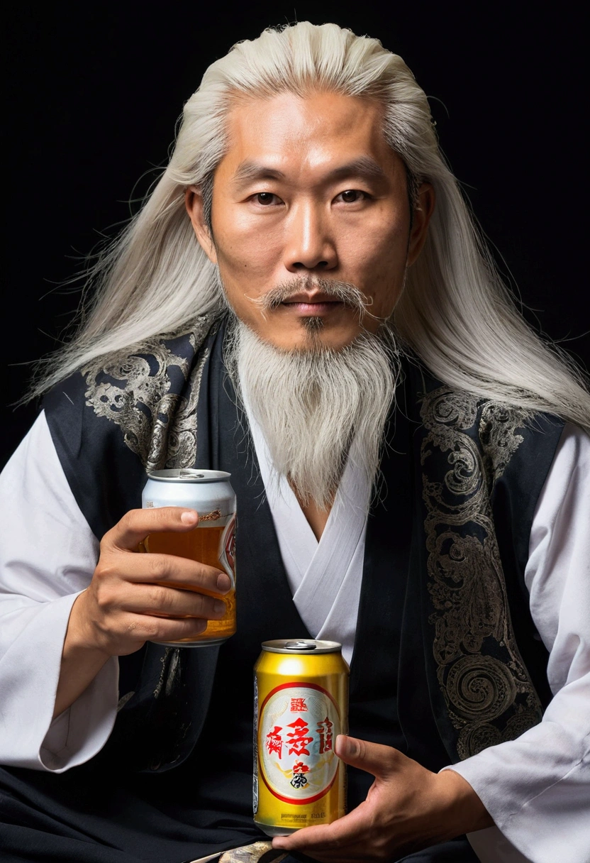Close-up portrait of a 30 year old middle-aged Asian man, Holding a can of beer, long, white hair, Longasa Beard, Sitting cross-legged, Lighting up the magical aura around you, Taoist Master , Doctrine