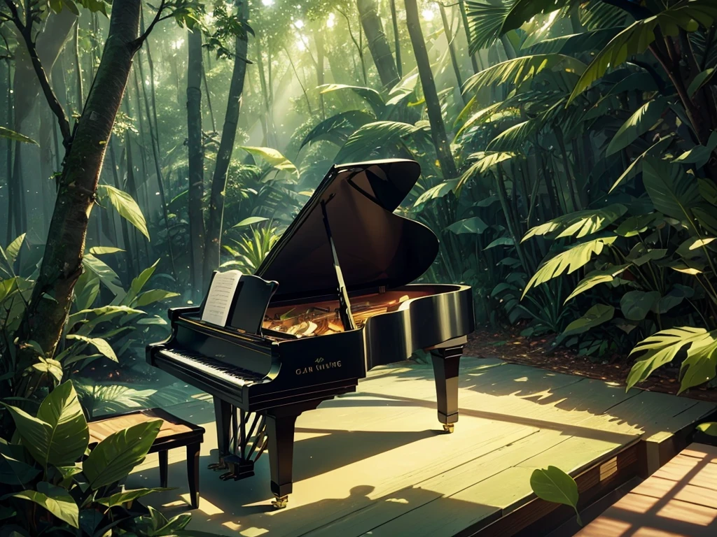 A Shineing white piano，no characters needed，forest，Tall tree々, the Highest quality,  Best reflection ever. (Very detailedCG統合8k壁紙), (Highest quality), (Best illustrations), (Best Shadow), forest theme with Natural elements.   small Shineing mushrooms surrounded by delicate leaf and branch, with ホタル and Shineing Particle Effects,, (Natural elements), (Jungle theme), (leaf), (branch),(delicate leaf), (Shine), (Particle Effects). , Isometric 3D, Octane Rendering, Ray Tracing, Very detailed、There is a grand piano sitting there.