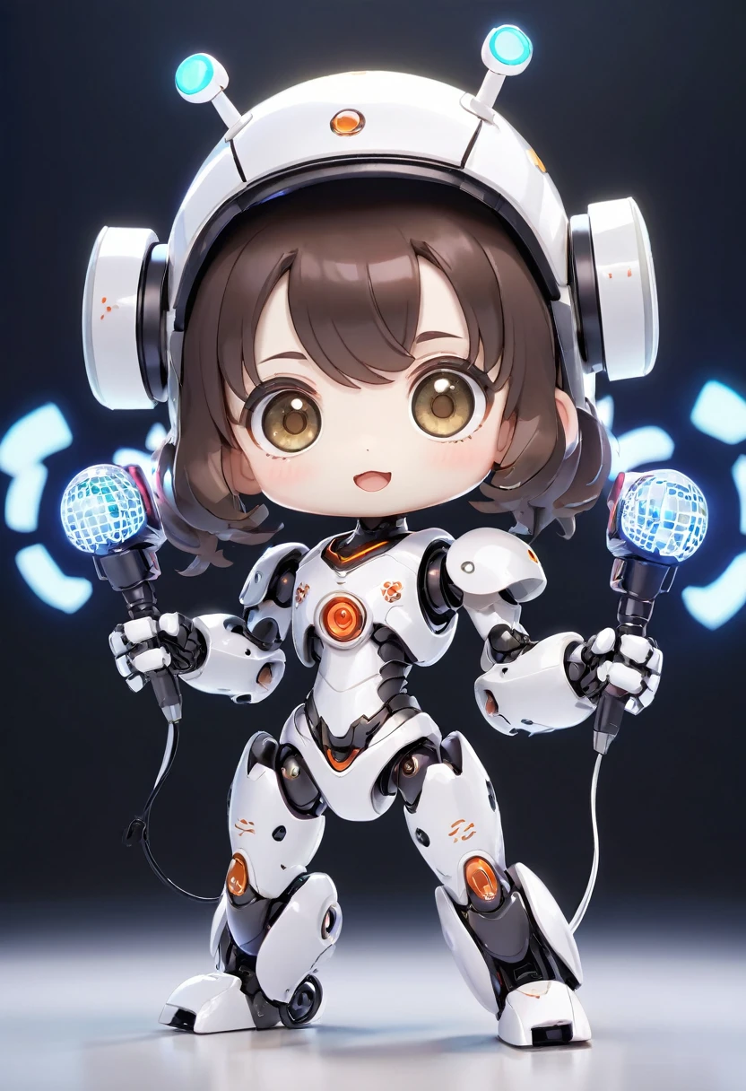 ((A robot based on a dice game)), 3D Rendering, Jongsuk Lee, Digital Art, Adorable glowing creatures, Nendoroid-like style, Futuristic Gear Shiny White Armor、A cute girl robot、Big eyes、antenna、Electronic display panel on chest、Holding the microphone close to his mouth while speaking、Smiling Kindly、((whole body、Background is white))、Are standing